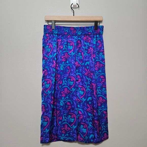 Vtg Floral Silk Skirt Size 10 Purple Classic 90s Straight Midi Baroque Whimsy - Picture 3 of 9